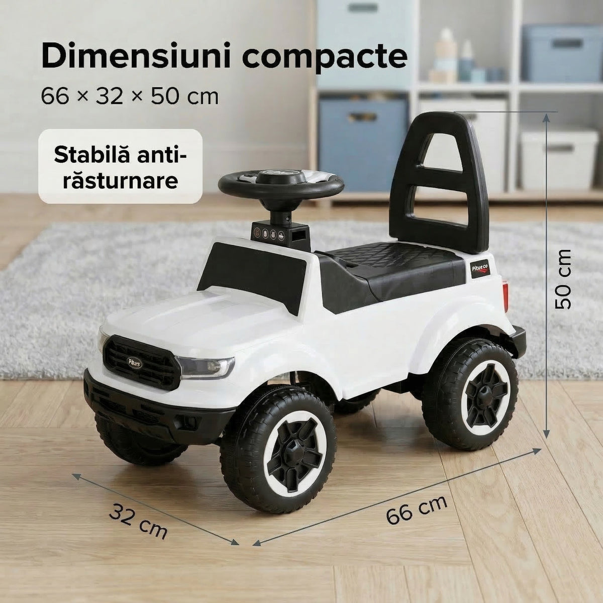 Masinuta Invincio RideOn Ranger, fara pedale, pentru copii 12+ luni, volan cu buton pentru muzica si lumini, spatar siguranta, compartiment depozitare, design tip masina de teren, 4 roti stabile, alba