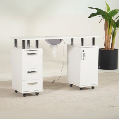 Masa manichiura profesionala INVINCIO™ Elegant Nails, cu aspirator praf silentios, dimensiuni 120x45x76 cm, 3 sertare, dulap lateral cu 3 rafturi, roti pivotante, blat hipoalergenic, alb