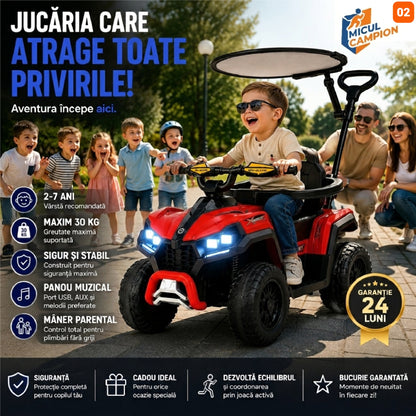 ATV de impins pentru copii Invincio Micul Campion OffRoad 2 in 1, 2-7 ani, maner parental, bara protectie si parasolar detasabile, Faruri functionale, panou muzical USB, suport picioare, max. 30 kg, Rosu