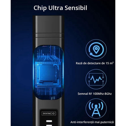 Detector camere si microfoane spion, Invincio, portabil, 12 nivele detectie cu indicator LED si sonor, detecteaza localizatoare GPS/GSM si reportofoane si alte surse ascunse, frecvente 100 micro HZ-8GHZ, lungime 13 cm, negru mat