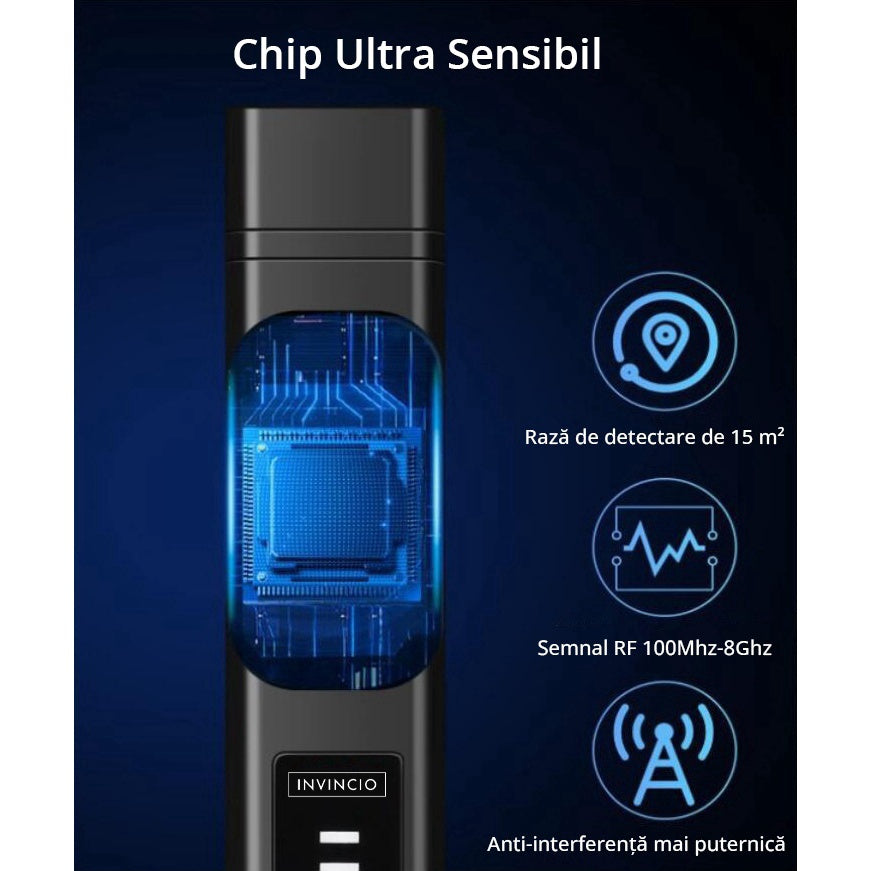 Detector camere si microfoane spion, Invincio, portabil, 12 nivele detectie cu indicator LED si sonor, detecteaza localizatoare GPS/GSM si reportofoane si alte surse ascunse, frecvente 100 micro HZ-8GHZ, lungime 13 cm, negru mat