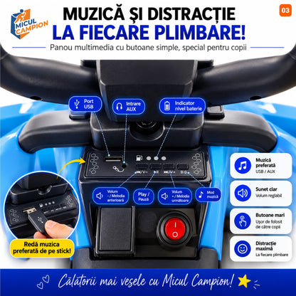 ATV de impins pentru copii Invincio Micul Campion OffRoad 2 in 1, 2-7 ani, maner parental, bara protectie si parasolar detasabile, Faruri functionale, panou muzical USB, suport picioare, max. 30 kg, Albastru