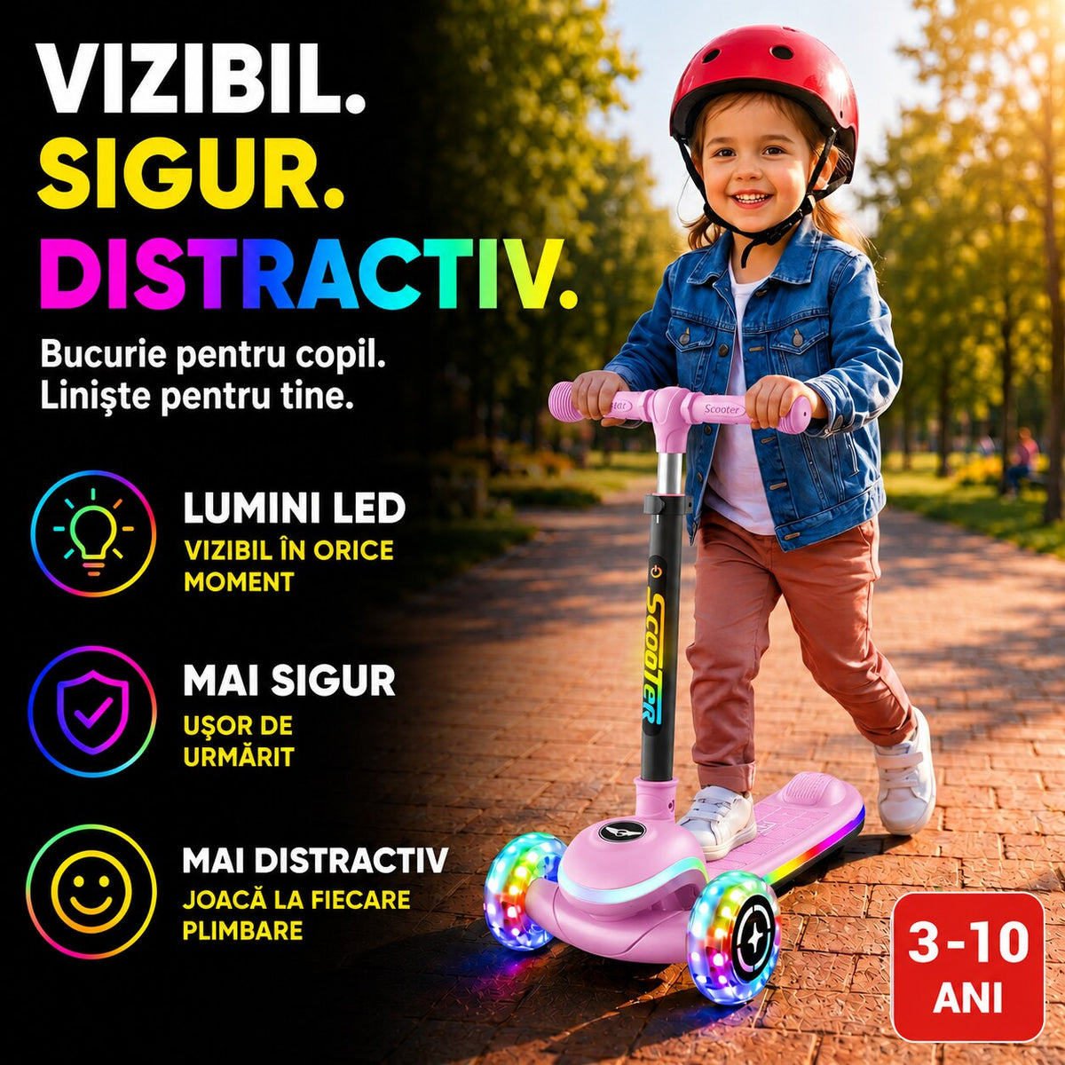 Trotineta cu 3 Roti pentru Copii Invincio® Happy, Lumini LED Interactive pe Platforma, Roti si Tija, Ghidon pliabil si Reglabil pe inaltime, Mecanism Inclinare naturala, 3-10 Ani, Roz Pastel