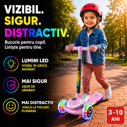 Trotineta cu 3 Roti pentru Copii Invincio® Happy, Lumini LED Interactive pe Platforma, Roti si Tija, Ghidon pliabil si Reglabil pe inaltime, Mecanism Inclinare naturala, 3-10 Ani, Roz Pastel