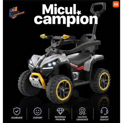 ATV de impins pentru copii Invincio Micul Campion OffRoad 2 in 1, 2-7 ani, maner parental, bara protectie si parasolar detasabile, Faruri functionale, panou muzical USB, suport picioare, max. 30 kg, Alb