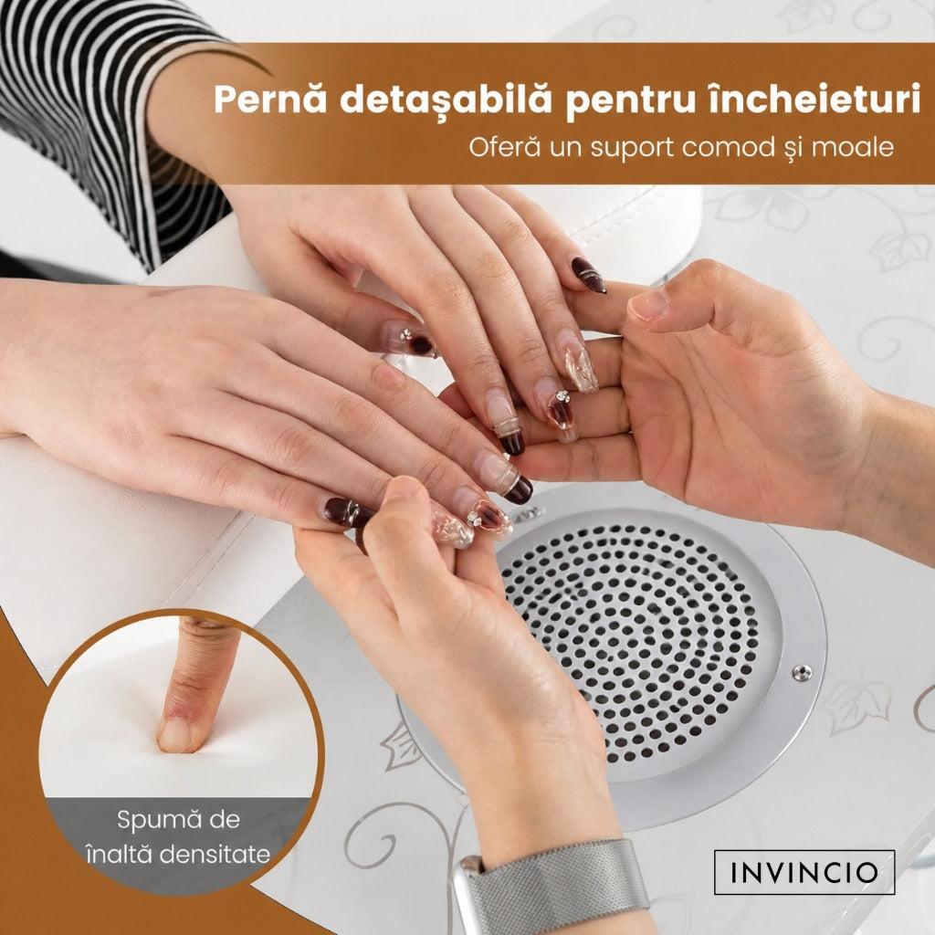 Masa pliabila pentru manichiura INVINCIO Practic Style, aspirator praf de unghii de mare putere vortex, perna incheieturi inclusa, roti deplasare, blat spatios usor de curatat, portabila si pliabila, alba