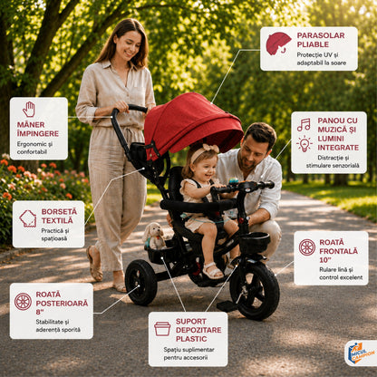 Tricicleta Micul Campion Explorer 360, Scaun Reversibil, Lumini si Muzica, Rosu, 2-5 Ani, Max. 35 Kg