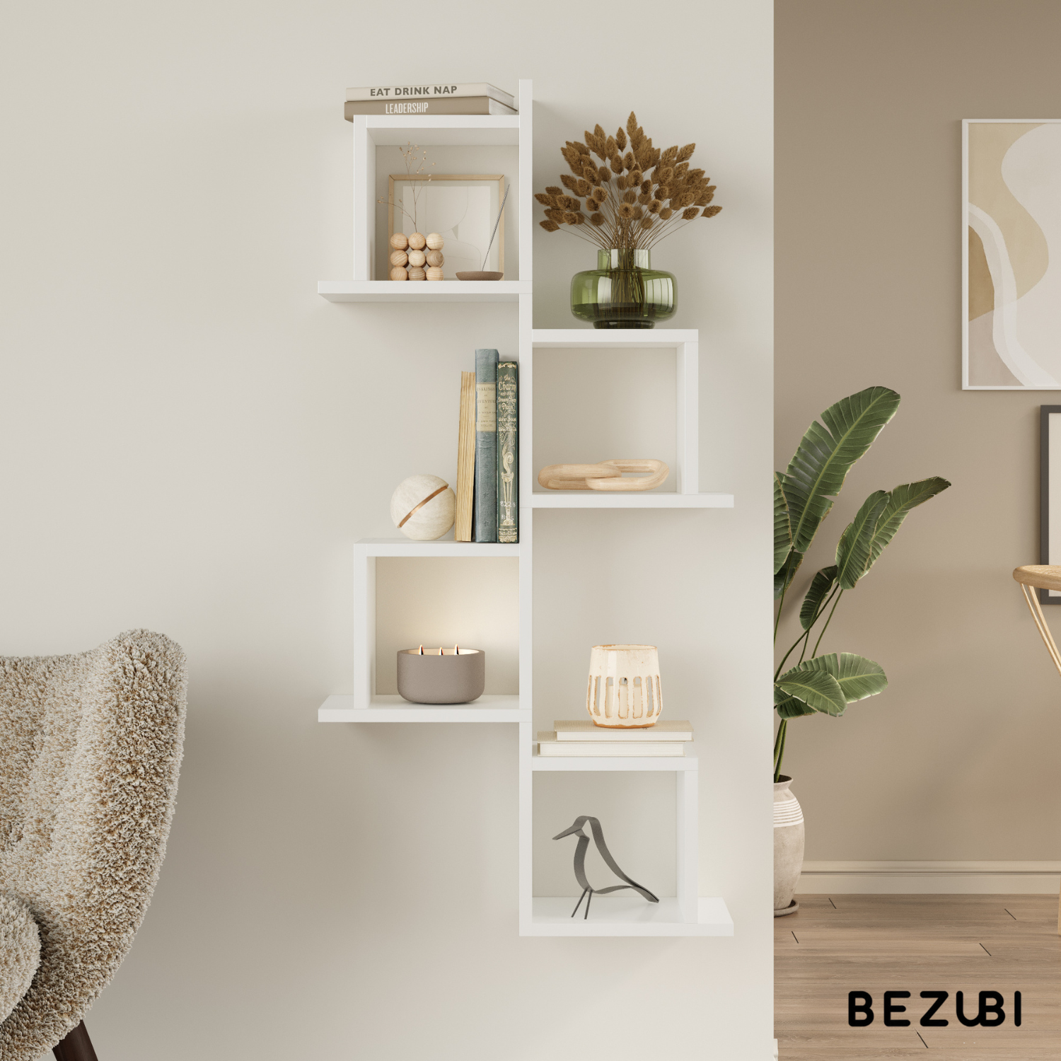 Etajera de perete modulara dubla Capri, design geometric modern, 2 rafturi cubice, montaj usor, dimensiuni 58x60x20 cm, ideala pentru carti, decoratiuni si plante, alb mat