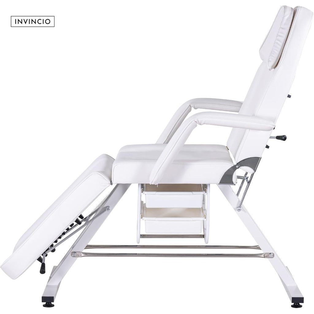 Pat Cosmetica reglabil INVINCIO Profesional, masa SPA, masaj, gene, tatuaje, scaun inclus, spatar si perna picioare reglabile, manere si perna cap detasabile, 2 sertare, 180x60cm, pana la 150kg, usor de curatat, piele ecologica alba