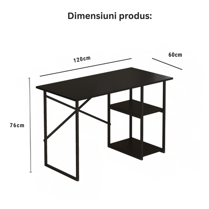 Birou de Calculator Bezubi Vienna, Design Modern, 2 Rafturi Laterale pentru Depozitare, Blat cu Finisaj Stejar, Cadru Metalic Negru, Compact si Robust, Dimensiuni 120x60x76 cm, Usor de Asamblat, negru