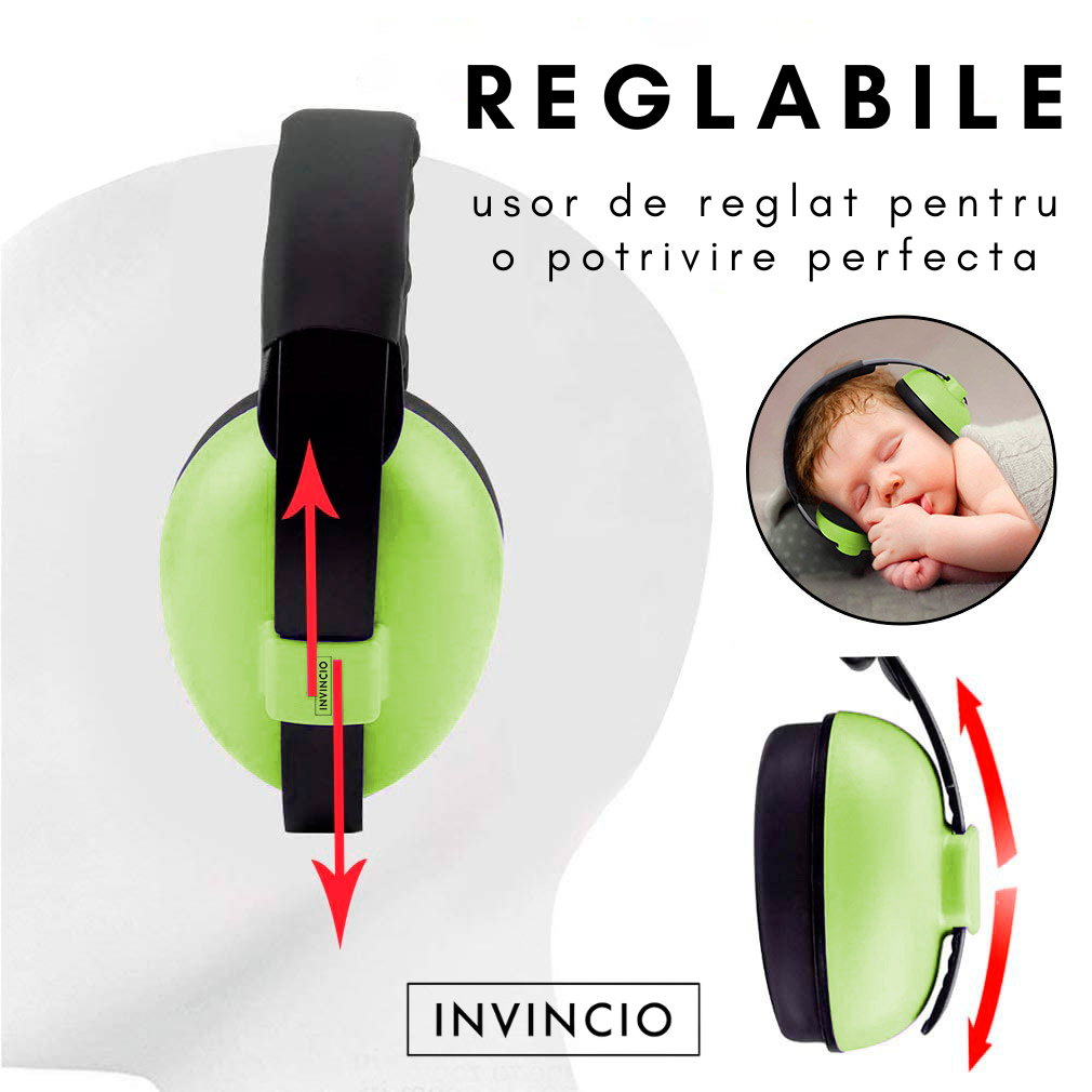 Casti antifonice pentru copii si bebelusi 3-36 luni Invincio Baby Comfort, marime reglabila, ergonomice, captusite, confortabile, usoare, pentru protectia auzului, reducere zgomot 20 dB, verde