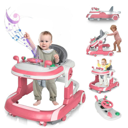 Premergator 4 in 1 INVINCIO First Steps, copii 6-24 luni, Jucarii Interactive, Mod Antemergator, roti silentioase, sistem anti-rasturnare, pliabil si ajustabil pe inaltime in 4 nivele, greutate maxima 30 kg, roz