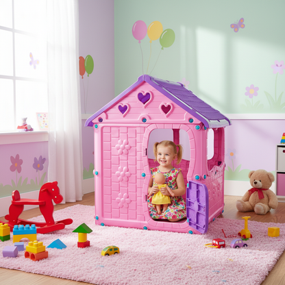 Casuta de joaca pentru copii Bezubi Kids FUN, colturi rotunjite, sigur si rezistent, interior/exterior, demontabila, cu usa si ferestre, design ergonomic, 2 locuri, varsta 1+ ani, dimensiuni 98x92x116 cm, roz