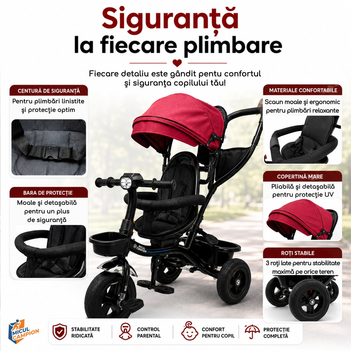 Tricicleta Micul Campion Explorer 360, Scaun Reversibil, Lumini si Muzica, Rosu, 2-5 Ani, Max. 35 Kg