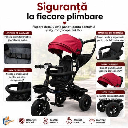 Tricicleta Micul Campion Explorer 360, Scaun Reversibil, Lumini si Muzica, Rosu, 2-5 Ani, Max. 35 Kg