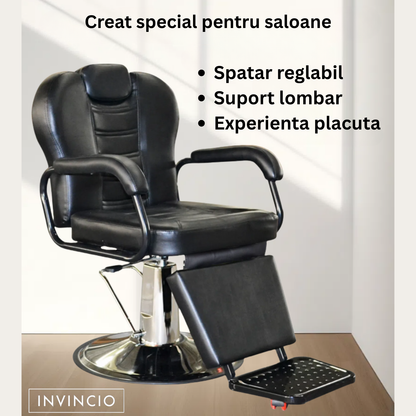 Scaun profesional pentru frizerie si barber shop Invincio™ Plus 2, Rotire la 360 grade, Rabatabil 160 grade, Piston hidraulic, Reglabil pe inaltime, Tetiera reglabila, Piele ecologica, Culoare Negru