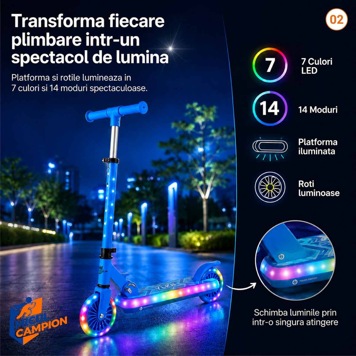 Trotineta copii LED Invincio Micul Campion Pilot, 2-10 ani, pliabila, 2 roti, 7 culori LED, 14 moduri iluminare, platforma anti-derapanta, roti luminoase, ghidon reglabil 3 nivele 76-87 cm, frana spate, cadru rezistent si usor suporta 30kg, Albastra