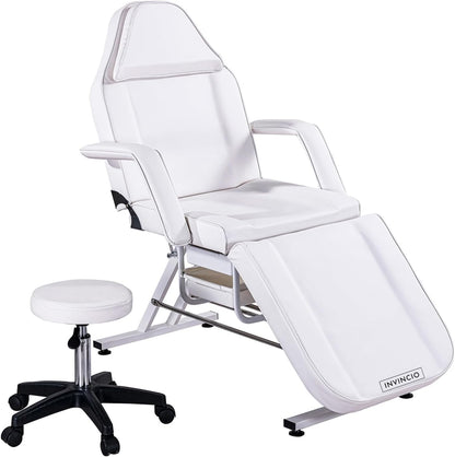 Pat Cosmetica reglabil INVINCIO Profesional, masa SPA, masaj, gene, tatuaje, scaun inclus, spatar si perna picioare reglabile, manere si perna cap detasabile, 2 sertare, 180x60cm, pana la 150kg, usor de curatat, piele ecologica alba