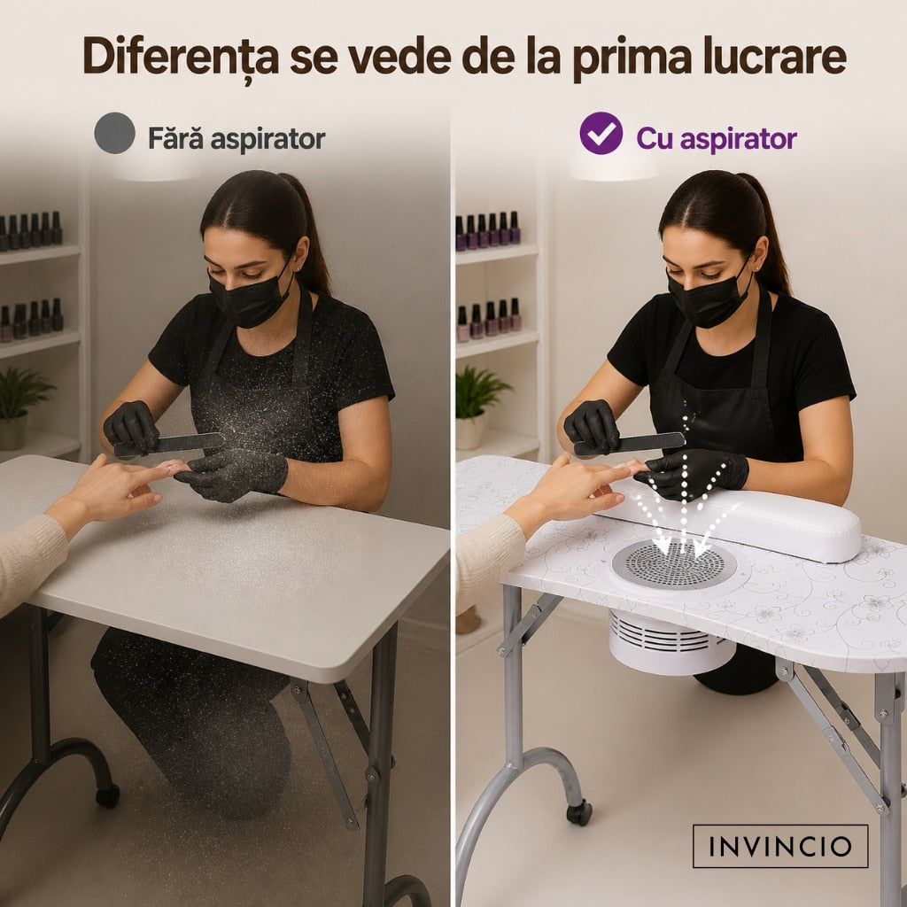 Masa pliabila pentru manichiura INVINCIO Practic Style, aspirator praf de unghii de mare putere vortex, perna incheieturi inclusa, roti deplasare, blat spatios usor de curatat, portabila si pliabila, alba