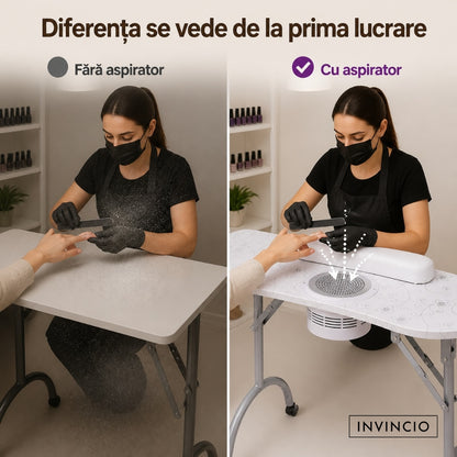 Masa pliabila pentru manichiura INVINCIO Practic Style, aspirator praf de unghii de mare putere vortex, perna incheieturi inclusa, roti deplasare, blat spatios usor de curatat, portabila si pliabila, alba