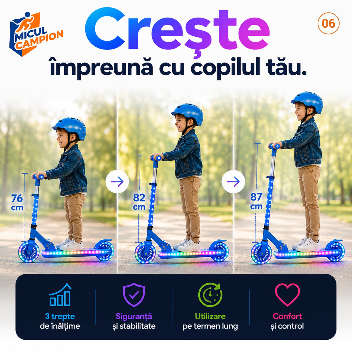 Trotineta copii LED Invincio Micul Campion Pilot, 2-10 ani, pliabila, 2 roti, 7 culori LED, 14 moduri iluminare, platforma anti-derapanta, roti luminoase, ghidon reglabil 3 nivele 76-87 cm, frana spate, cadru rezistent si usor suporta 30kg, Albastra