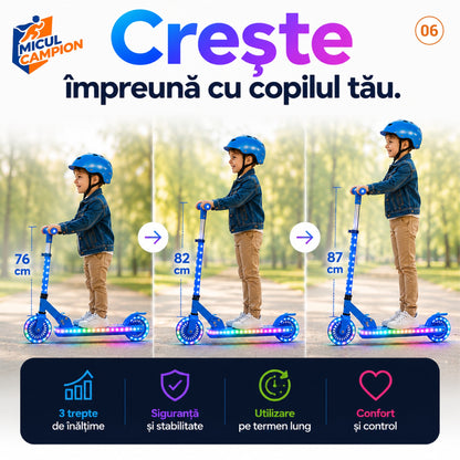 Trotineta copii LED Invincio Micul Campion Pilot, 2-10 ani, pliabila, 2 roti, 7 culori LED, 14 moduri iluminare, platforma anti-derapanta, roti luminoase, ghidon reglabil 3 nivele 76-87 cm, frana spate, cadru rezistent si usor suporta 30kg, Albastra