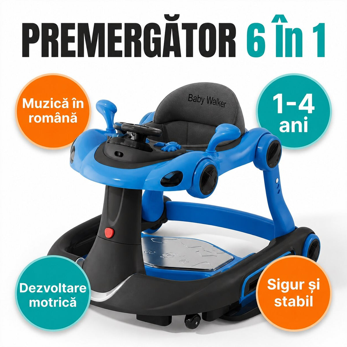 Premergator Invincio Micul Campion Driver, Lumini si 5 Melodii educationale in Limba Romana, multifunctional, antemergator, umbrar si maner control parental, reglabil pe inaltime, roti cu frana de siguranta, albastru negru