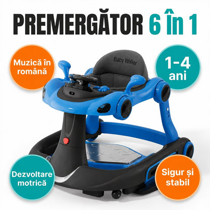 Premergator Invincio Micul Campion Driver, Lumini si 5 Melodii educationale in Limba Romana, multifunctional, antemergator, umbrar si maner control parental, reglabil pe inaltime, roti cu frana de siguranta, albastru negru