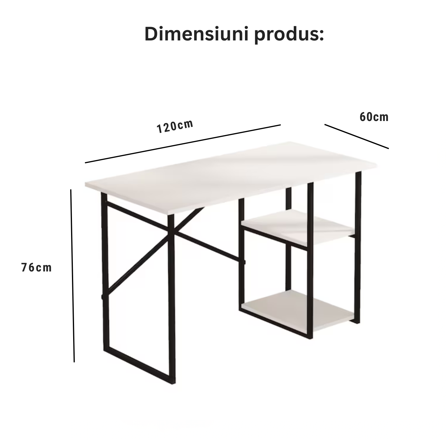 Birou de Calculator Bezubi Vienna, Design Modern, 2 Rafturi Laterale pentru Depozitare, Blat cu Finisaj Stejar, Cadru Metalic Negru, Compact si Robust, Dimensiuni 120x60x76 cm, Usor de Asamblat, alb