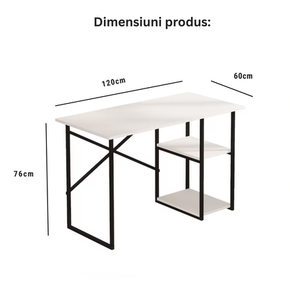 Birou de Calculator Bezubi Vienna, Design Modern, 2 Rafturi Laterale pentru Depozitare, Blat cu Finisaj Stejar, Cadru Metalic Negru, Compact si Robust, Dimensiuni 120x60x76 cm, Usor de Asamblat, alb