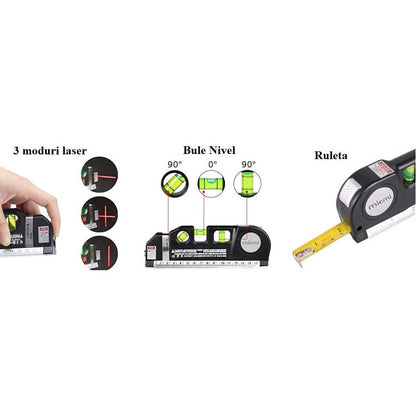 Nivela Laser cruce, orizontal si vertical, boloboc 3 bule, ruleta 2.5m si rigla aluminiu 15cm, multifunctionala 4 in 1 Laser