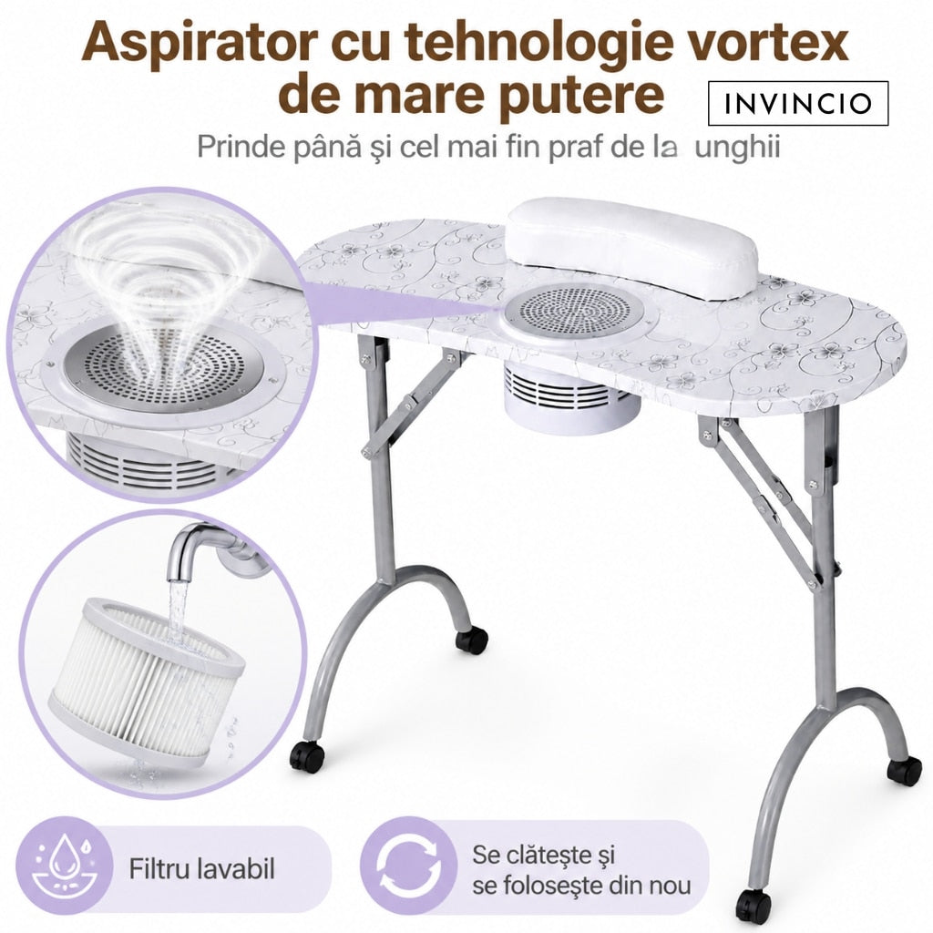 Masa pliabila pentru manichiura INVINCIO Practic Style, aspirator praf de unghii de mare putere vortex, perna incheieturi inclusa, roti deplasare, blat spatios usor de curatat, portabila si pliabila, alba