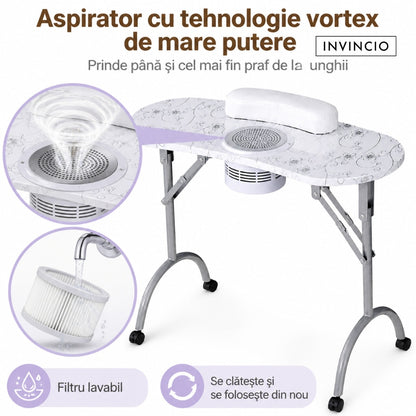 Masa pliabila pentru manichiura INVINCIO Practic Style, aspirator praf de unghii de mare putere vortex, perna incheieturi inclusa, roti deplasare, blat spatios usor de curatat, portabila si pliabila, alba