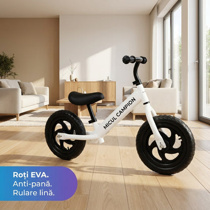 Bicicleta Fara Pedale, Invincio Micul Campion, pentru Copii 3-6 Ani, Roti EVA Anti-Pana, Scaun si Ghidon Reglabil, Cadru Otel Usor, Manere Antialunecare – Perfecta pentru Echilibru si Coordonare, Capacitate Maxima 30 de kg, Alba