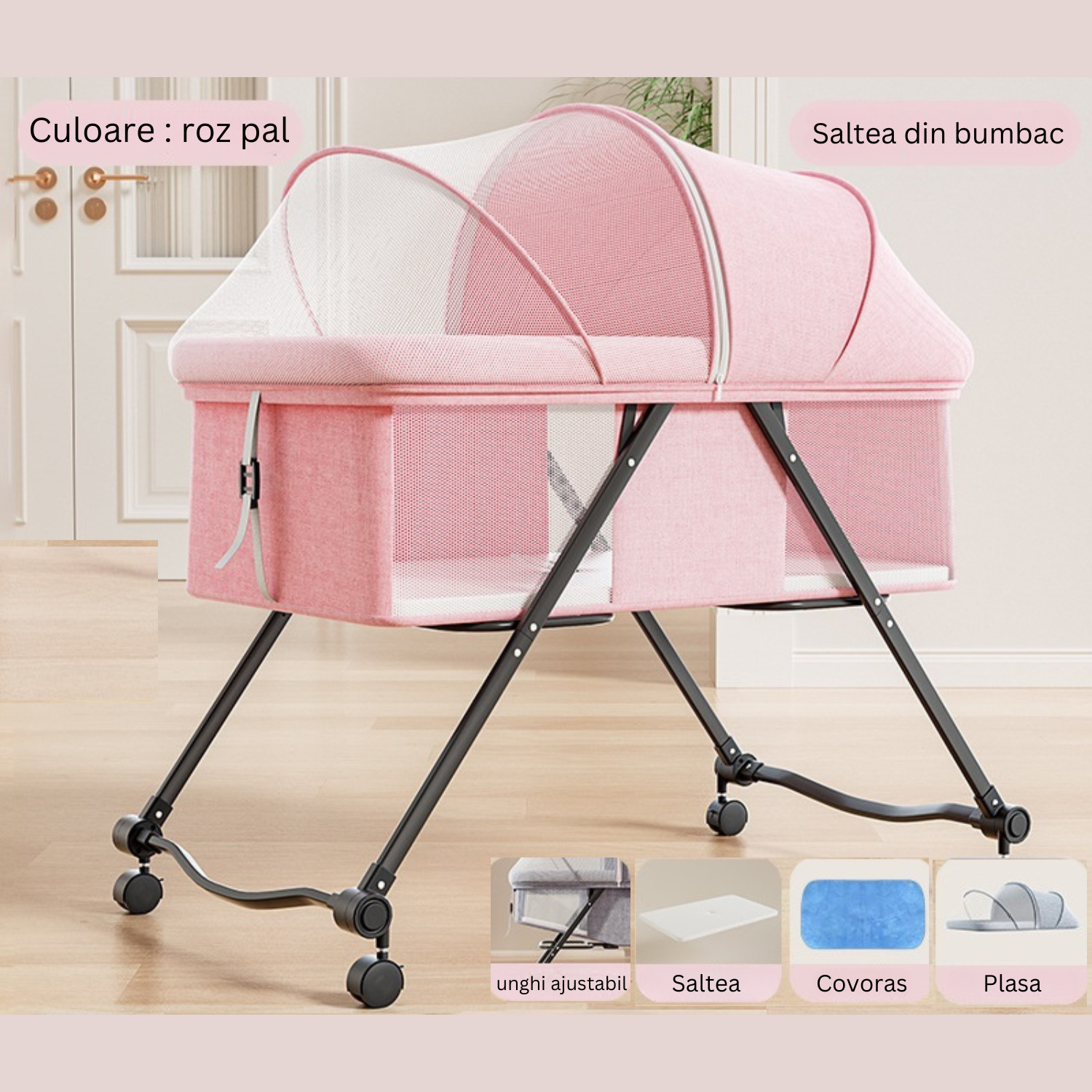 Patut Pliabil pentru bebelusi Bezubi Stars, multifunctional 3 in 1, pat, balansoar si plasa anti-insecte, sistem de blocare roti, 3 trepte de inclinare spatar si zona capului, portabil, adecvat nou nascuti - 2 ani, roz