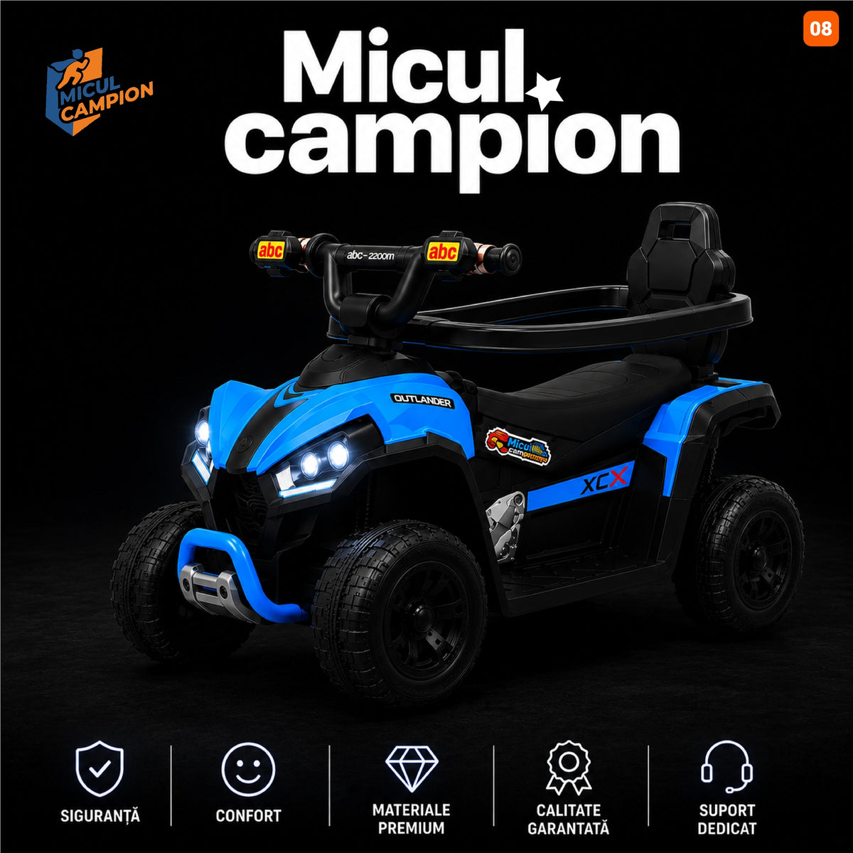ATV de impins pentru copii Invincio Micul Campion OffRoad 2 in 1, 2-7 ani, maner parental, bara protectie si parasolar detasabile, Faruri functionale, panou muzical USB, suport picioare, max. 30 kg, Albastru