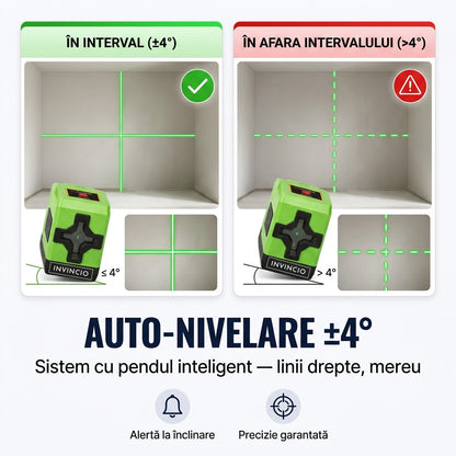 Nivela laser verde Invincio Practic Pro, fascicol Laser Verde Vizibil in cruce pentru vertical si orizontal, auto-nivelare ±4º grade, raza 30 m, intensitati luminare, functie blocare pentru linii diagonale, precizie ±1 mm, verde