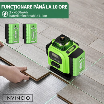Nivela cu laser verde INVINCIO 4D cu telecomanda, 16 linii orizontal, vertical, perimetral, trepied si prindere magnetica, cumpana uz interior si exterior, auto-nivelare +/-3grade, rotire 360 grade, 2 acumulatori de schimb