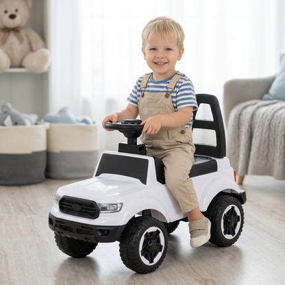 Masinuta Invincio RideOn Ranger, fara pedale, pentru copii 12+ luni, volan cu buton pentru muzica si lumini, spatar siguranta, compartiment depozitare, design tip masina de teren, 4 roti stabile, alba