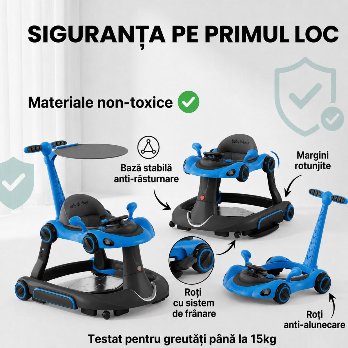Premergator Invincio Micul Campion Driver, Lumini si 5 Melodii educationale in Limba Romana, multifunctional, antemergator, umbrar si maner control parental, reglabil pe inaltime, roti cu frana de siguranta, albastru negru