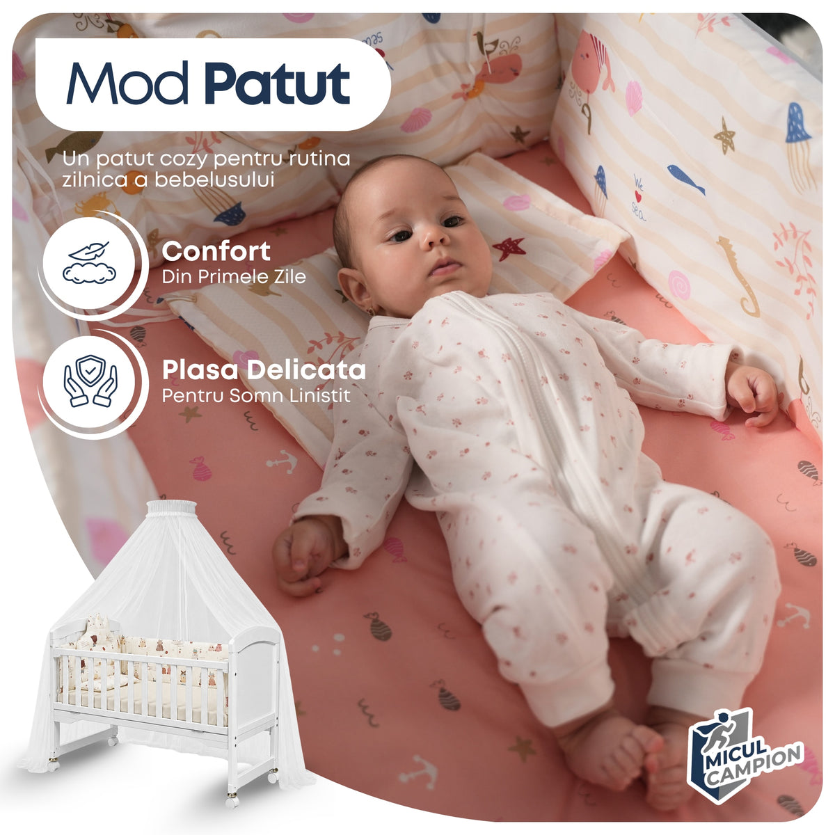 Patut 3 in 1 Invincio Vise Frumoase, pat bebelusi 0-2 ani, extensibil pentru copii 2-6 ani, Birou 6 ani+, Saltea Perna si Protectii Incluse, Plasa anti-tantari, Laterala culisanta pentru co-sleep langa patul parintilor, Balansoar, roti, alb crem