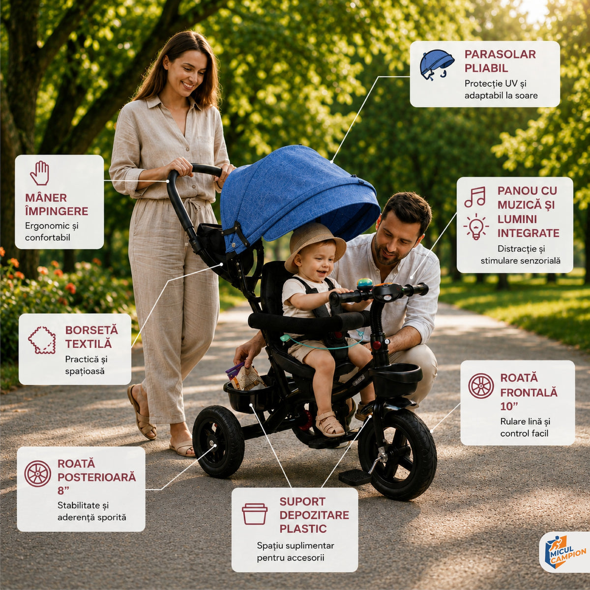Tricicleta Copii Invincio Micul Campion Explorer, Scaun Reversibil 360°, Lumini si Muzica, Copertina anti ploaie si soare Extensibila si detasabila, Maner Parental, Roti EVA confort, Cos Depozitare, Bara Protectie, 2-5 Ani, Max. 35 Kg, Albastra