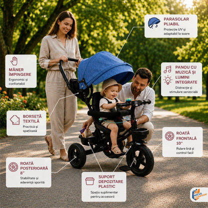 Tricicleta Copii Invincio Micul Campion Explorer, Scaun Reversibil 360°, Lumini si Muzica, Copertina anti ploaie si soare Extensibila si detasabila, Maner Parental, Roti EVA confort, Cos Depozitare, Bara Protectie, 2-5 Ani, Max. 35 Kg, Albastra