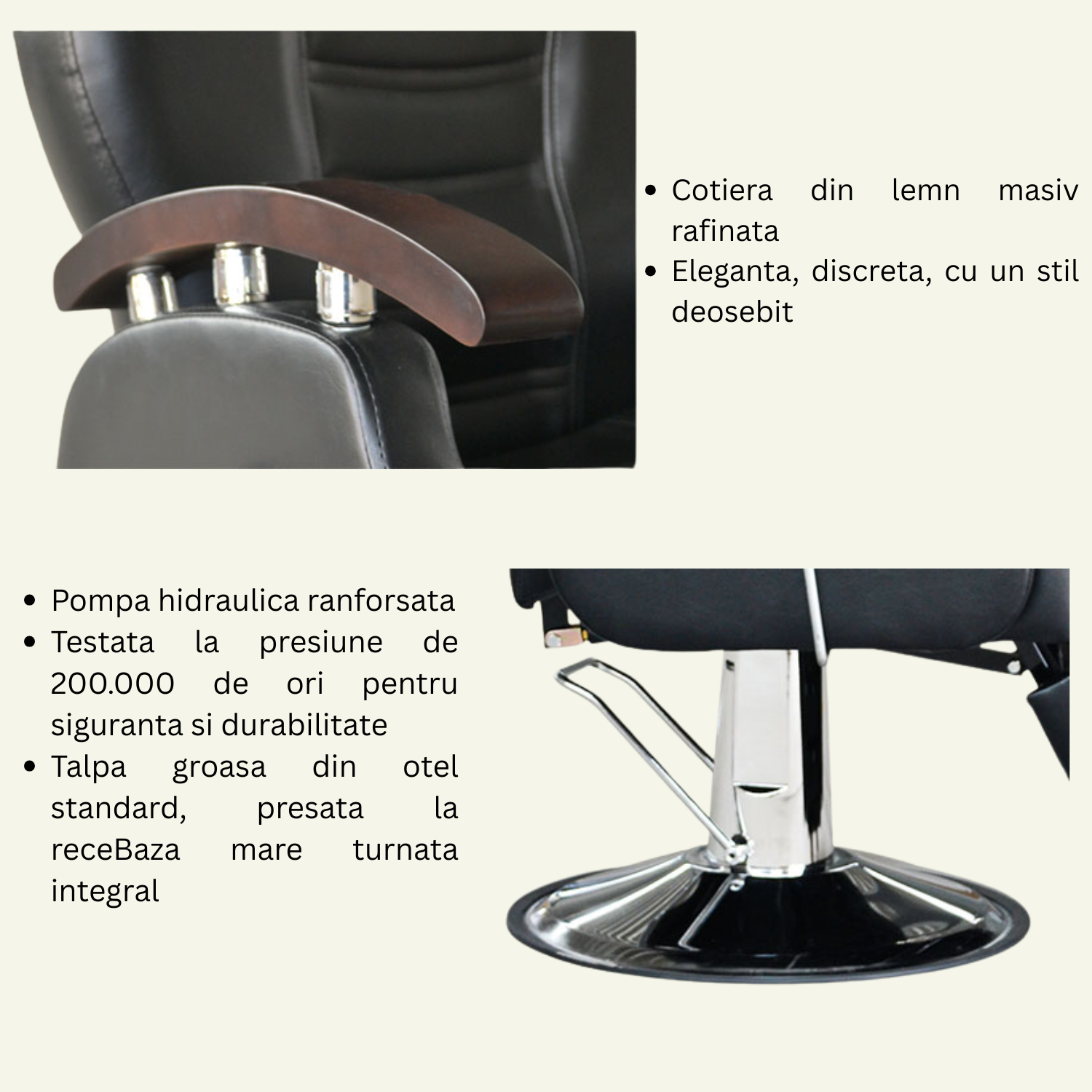 Scaun frizerie si barber shop Invincio™ Style, Rotire la 360 grade, Rabatabil 160 grade, Piston hidraulic actionat cu piciorul, Reglabil pe inaltime, Tetiera reglabila, Piele ecologica, Culoare Negru