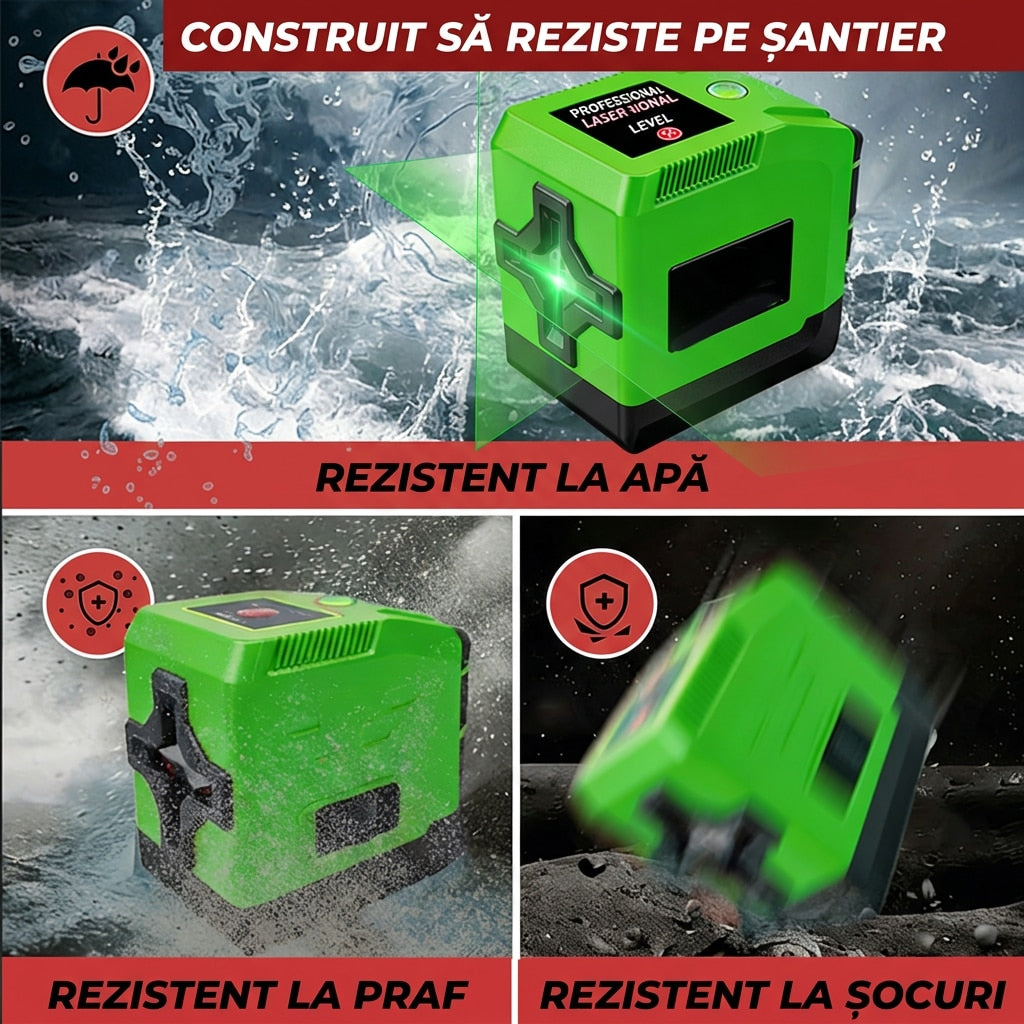 Nivela laser verde Invincio Practic Pro, fascicol Laser Verde Vizibil in cruce pentru vertical si orizontal, auto-nivelare ±4º grade, raza 30 m, intensitati luminare, functie blocare pentru linii diagonale, precizie ±1 mm, verde