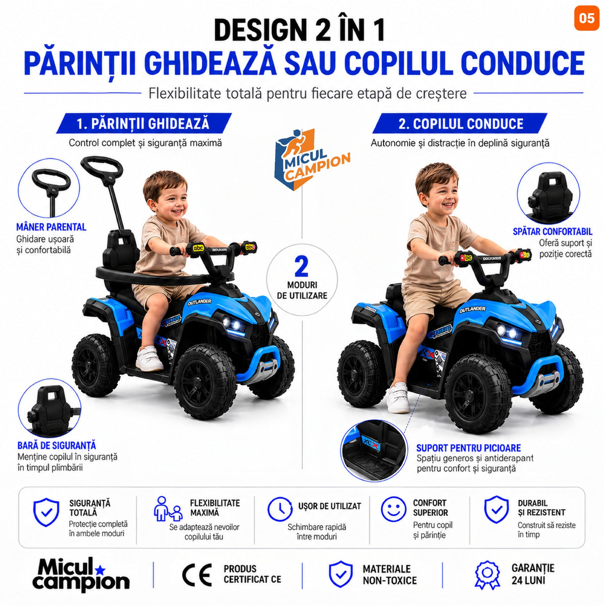 ATV de impins pentru copii Invincio Micul Campion OffRoad 2 in 1, 2-7 ani, maner parental, bara protectie si parasolar detasabile, Faruri functionale, panou muzical USB, suport picioare, max. 30 kg, Albastru