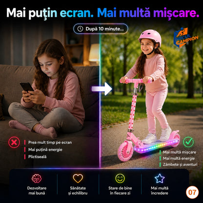 Trotineta copii LED Invincio Micul Campion Pilot, 2-10 ani, pliabila, 2 roti, 7 culori LED, 14 moduri iluminare, platforma anti-derapanta, roti luminoase, ghidon reglabil 3 nivele 76-87 cm, frana spate, cadru rezistent si usor suporta pana la 30kg, Roz