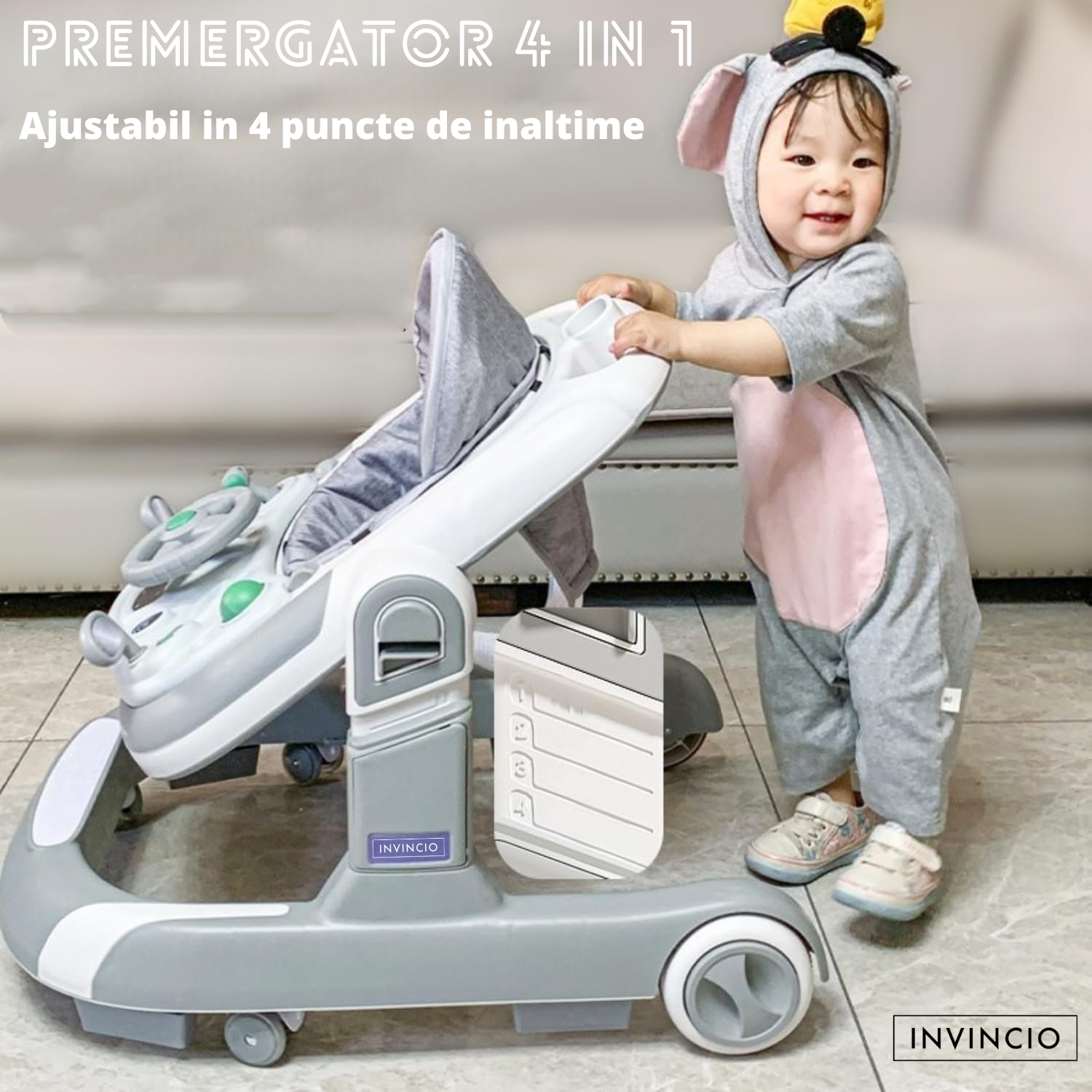 Premergator 4 in 1 INVINCIO First Steps, copii 6-24 luni, Jucarii Motricitate Interactive, Mod Antemergator, roti silentioase, sistem anti-rasturnare, pliabil si ajustabil pe inaltime in 4 nivele, greutate maxima 30 kg, gri