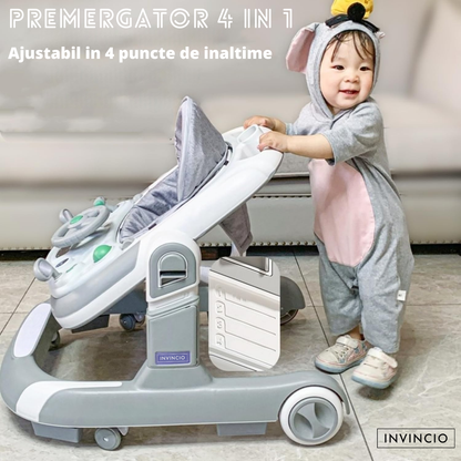 Premergator 4 in 1 INVINCIO First Steps, copii 6-24 luni, Jucarii Motricitate Interactive, Mod Antemergator, roti silentioase, sistem anti-rasturnare, pliabil si ajustabil pe inaltime in 4 nivele, greutate maxima 30 kg, gri
