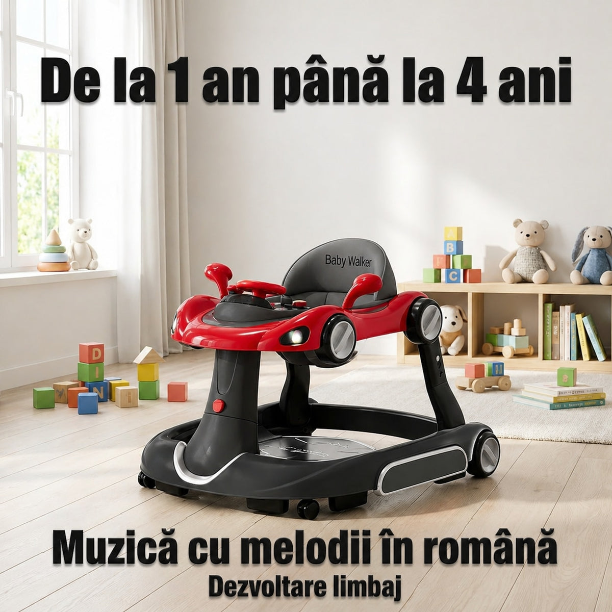 Premergator Invincio Micul Campion Driver, Lumini si 5 Melodii educationale in Limba Romana, multifunctional, antemergator, umbrar si maner control parental, reglabil pe inaltime, roti cu frana de siguranta, Rosu Negru